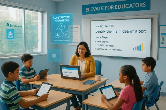 A teacher leads a tech-enabled classroom as students use tablets while a large screen shows the lesson.