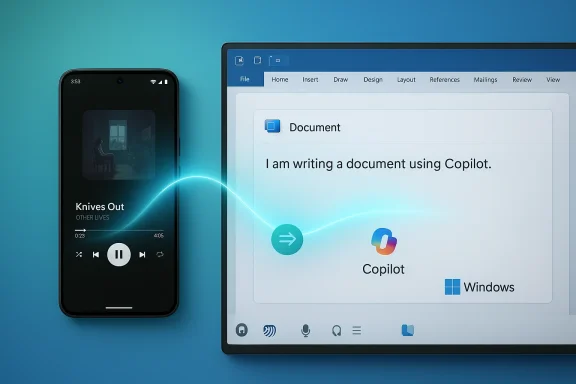 Phone and Windows laptop connect via Copilot to draft a document.