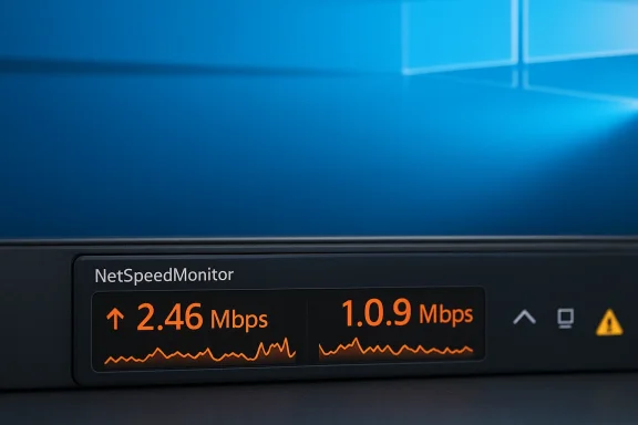 A NetSpeedMonitor panel showing two network speeds, 2.46 Mbps and 1.09 Mbps, with orange graphs.