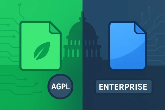Split illustration contrasts AGPL open-source on the left with Enterprise licensing on the right.