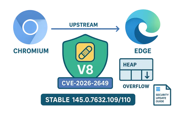 Infographic: Chromium to Edge upstream via V8 patch CVE-2026-2649 addressing heap overflow.