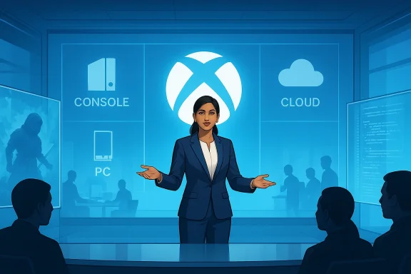 A woman presenter explains the Xbox ecosystem—console, PC, and cloud.