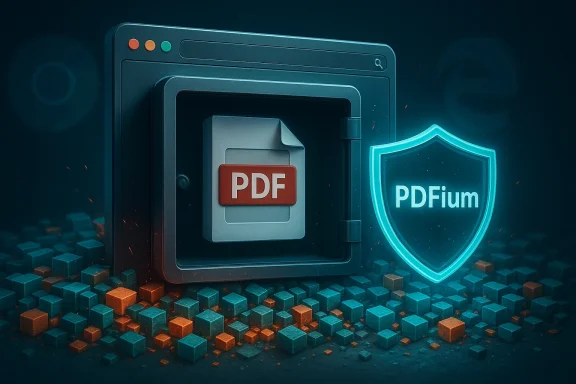 A secure vault protects a PDF file beside a glowing PDFium shield.