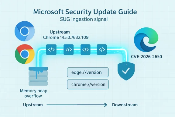 Microsoft Security Update Guide illustrating SUG ingestion for upstream Chrome 145.0.7632.109 and CVE-2026-2650.