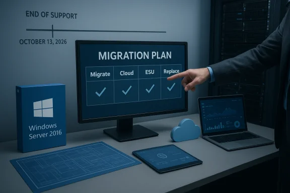 Migration plan on a monitor with check marks, beside a Windows Server 2016 box.
