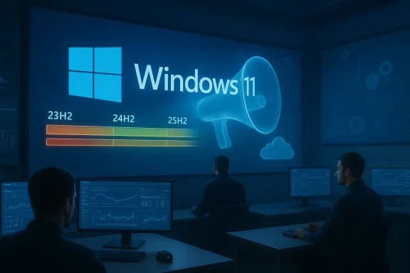 Analysts in a dim control room monitor a Windows 11 briefing on a large wall display.