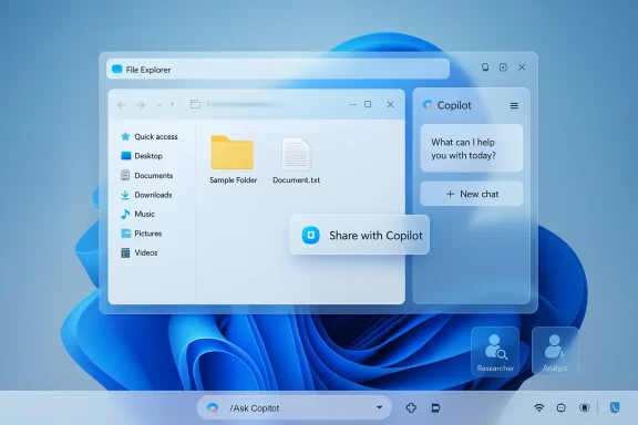 Windows-style desktop featuring Copilot chat beside a File Explorer window.