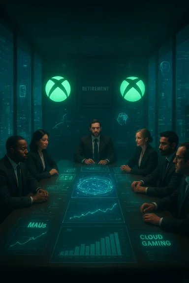 Executives sit around a glowing holographic table in a neon-lit, futuristic boardroom.