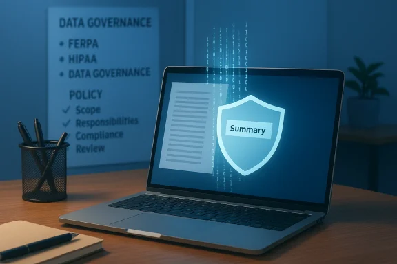 Laptop shows a Summary shield graphic amidst data governance visuals.