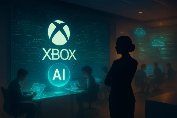 Silhouette of a person standing in a high-tech Xbox AI lab with engineers at work. Silhouette of a person standing in a high-tech Xbox AI lab with engineers at work.