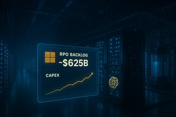 A holographic dashboard in a data center shows RPO backlog ~$625B and rising CAPEX.