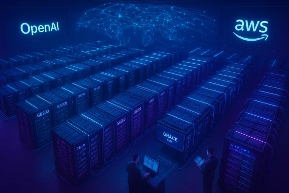 Blue-lit data center with OpenAI and AWS branding and endless rows of servers.