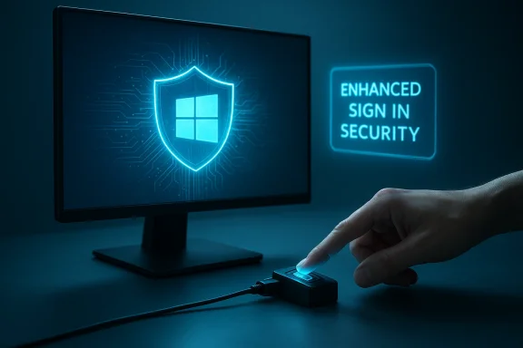 Biometric fingerprint sign-in in action beside a glowing Windows shield on screen. Biometric fingerprint sign-in in action beside a glowing Windows shield on screen.