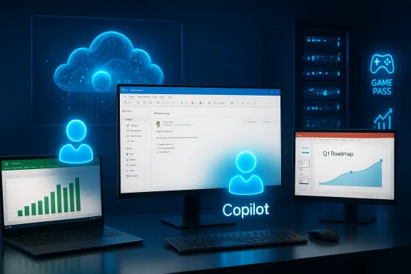 Futuristic workspace with neon Copilot sign, cloud imagery, and multiple screens displaying charts. Futuristic workspace with neon Copilot sign, cloud imagery, and multiple screens displaying charts.