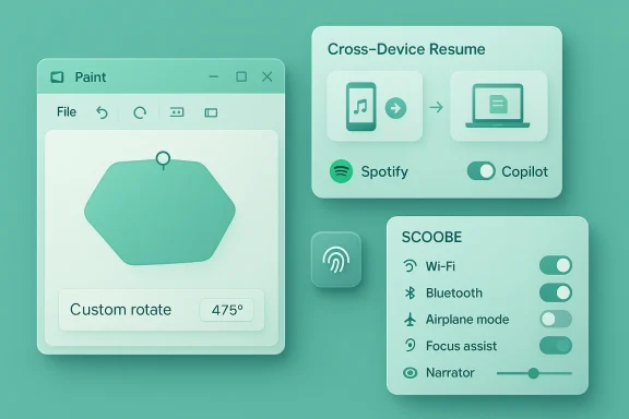 Soft teal UI mockups show a Paint app, cross-device resume, and toggle panels.