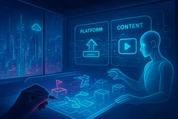 A futuristic blue neon control room with holographic interfaces for platform and content.