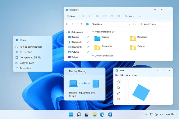 Windows 11 desktop showing several floating windows (File Explorer, Paint, Nearby Sharing) on a blue background.
