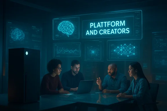 Diverse team collaborates around a glowing HUD showing 'Platform and Creators'.