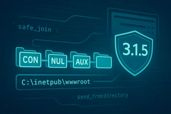Tech security graphic showing safe_join and Windows paths (CON, NUL, AUX) with a shield 3.1.5.