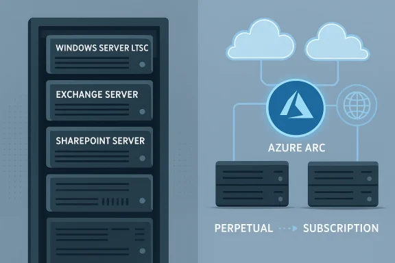 Rack of Windows Server LTSC, Exchange, and SharePoint servers linked to Azure Arc for perpetual subscription.