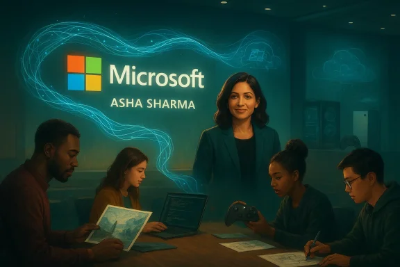 A group of diverse students works at a table as a Microsoft banner glows in the background.