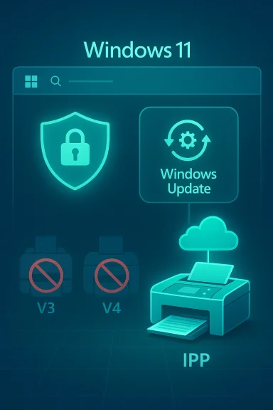Windows 11 UI featuring a security shield, Windows Update tile, blocked legacy printers, and cloud IPP printing.
