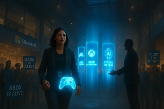 A woman walks through a futuristic Microsoft event with a glowing holographic Xbox controller.