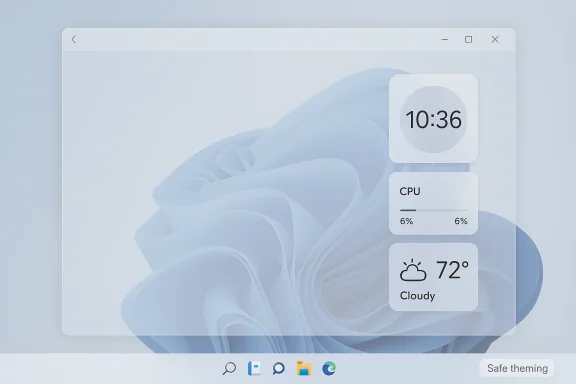 A Windows-like desktop featuring floating widgets for time, CPU, and weather on a soft blue background.