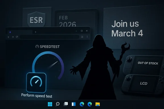 A hooded silhouette looms over glitchy screens announcing a March 4 event with a speed test UI.