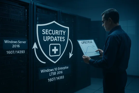 IT technician reviews security updates and Windows lifecycle in a data center.