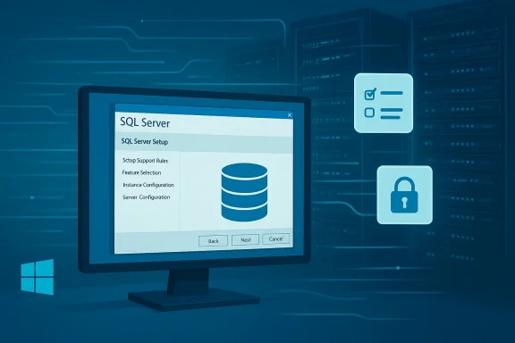 A computer monitor displays a SQL Server setup screen in a data center with security icons.