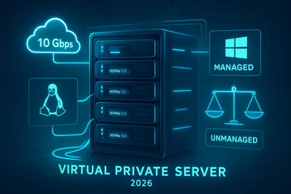 Futuristic VPS rack with NVMe SSDs, 10 Gbps cloud, and managed vs unmanaged options.