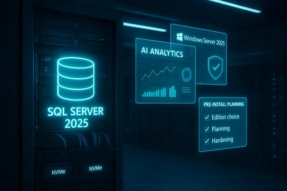 Futuristic data center interface showing SQL Server 2025 and AI analytics dashboards.