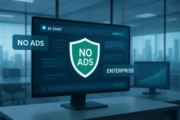 Office monitor displays a NO ADS shield with AI chat and enterprise labels.