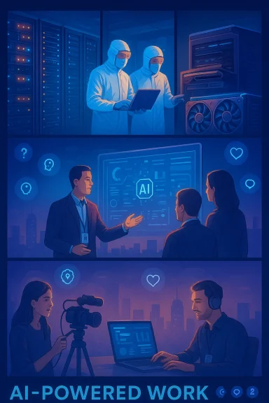 AI-powered work scene: researchers in a cleanroom, a team briefing on AI, and a video shoot.