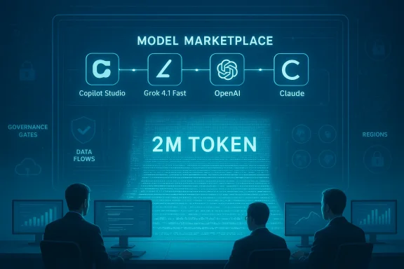 Analysts monitor a blue Model Marketplace showing Copilot Studio, Grok 4.1 Fast, OpenAI, Claude and a 2M TOKEN. Analysts monitor a blue Model Marketplace showing Copilot Studio, Grok 4.1 Fast, OpenAI, Claude and a 2M TOKEN.