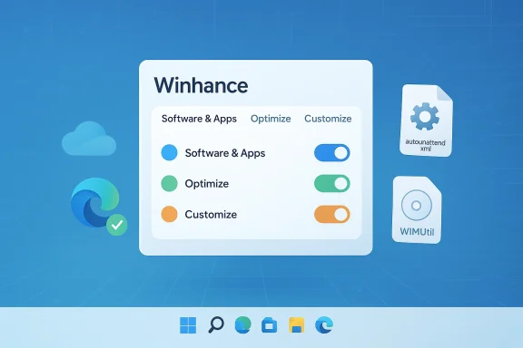 Futuristic Windows-style dashboard labeled 'Winhance' with toggles for Software & Apps, Optimize, and Customize. Futuristic Windows-style dashboard labeled 'Winhance' with toggles for Software & Apps, Optimize, and Customize.