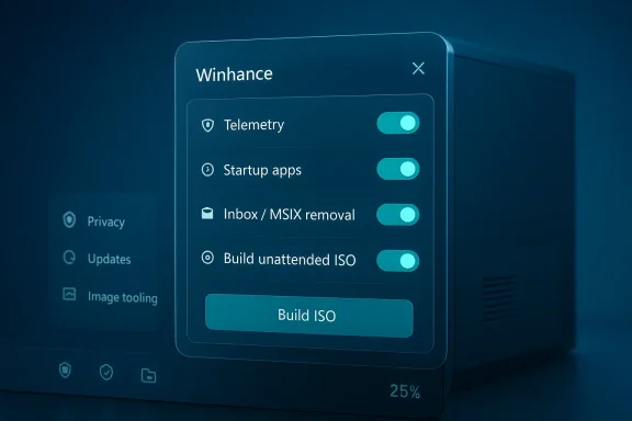Blue-tinted UI overlay on a device screen with toggles for Telemetry, Startup apps, and a Build ISO button.