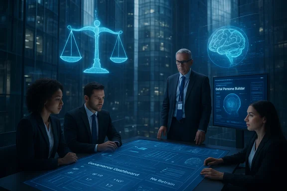 A diverse team analyzes a holographic dashboard in a futuristic glass-walled office with blue holographic graphics.