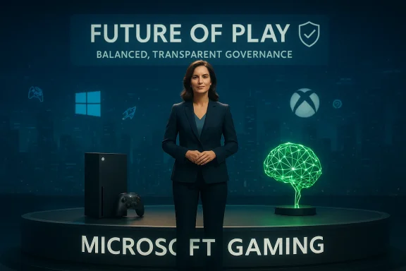 A suited presenter on a Microsoft Gaming stage under a Future of Play banner with a glowing brain model.