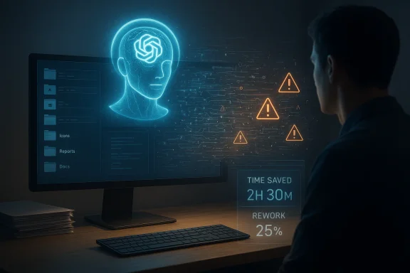 A person watches a holographic brain and warning icons projected on a computer screen.