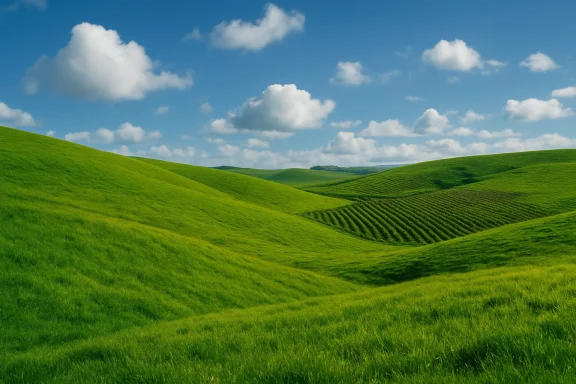 Rolling green hills under a bright blue sky dotted with fluffy white clouds.