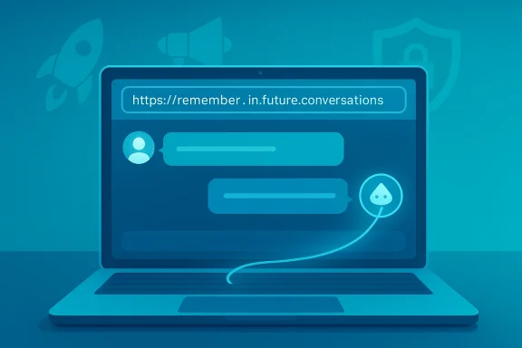 Blue laptop screen shows a chat interface with the URL [url]https://remember.in.future.conversations.