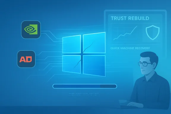 Blue tech startup scene showing Windows logo, progress bar, trust dashboard, and a man at a laptop.
