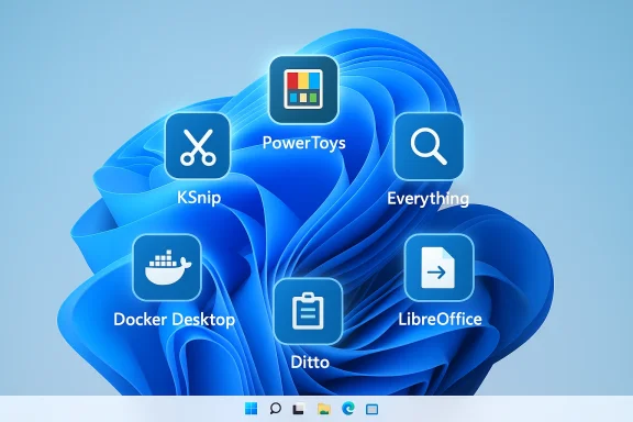 Windows 11 desktop with floating app icons: PowerToys, KSnip, Everything, Docker Desktop, Ditto, LibreOffice.