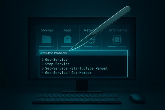 Teal-lit monitor displays Windows PowerShell commands, with a scalpel hovering over the window.