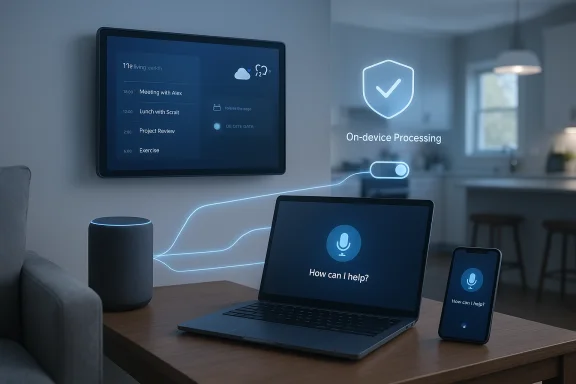 A modern home office with a wall display, laptop, and phone showing on-device processing.