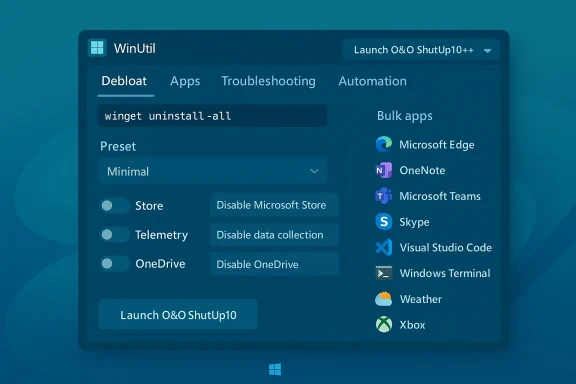 Dark blue WinUtil debloat UI with presets, toggles, and a bulk apps list.
