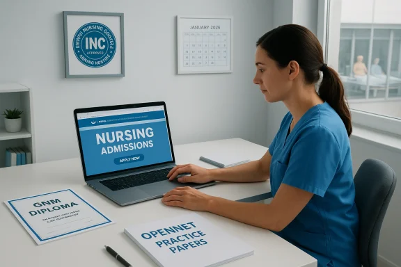 Nurse in blue scrubs sits at a desk, viewing nursing admissions on a laptop.
