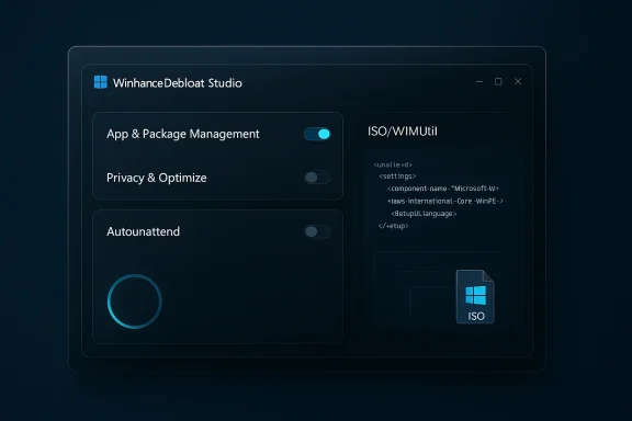 Dark Windows-style app UI for a debloat tool, with toggles, a progress ring, and an ISO utility panel. Dark Windows-style app UI for a debloat tool, with toggles, a progress ring, and an ISO utility panel.